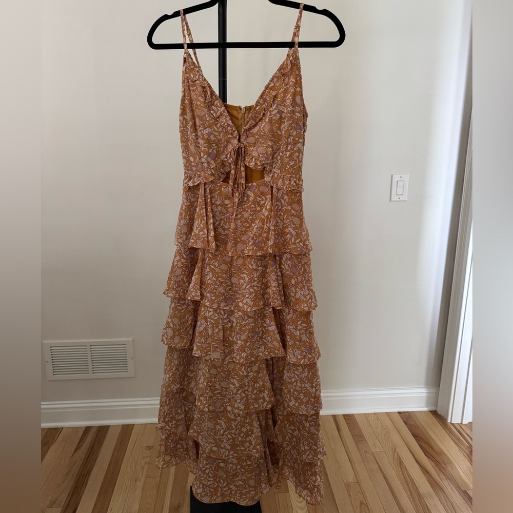 Storia Floral Ruffle Maxi Dress in Brown
